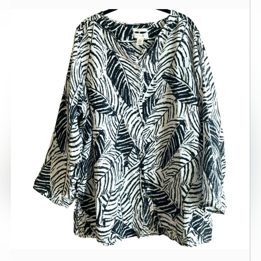 Cynthia Rowley Women's Plus Botanical 100% Linen Top Blouse Roll Sleeve Size 1X